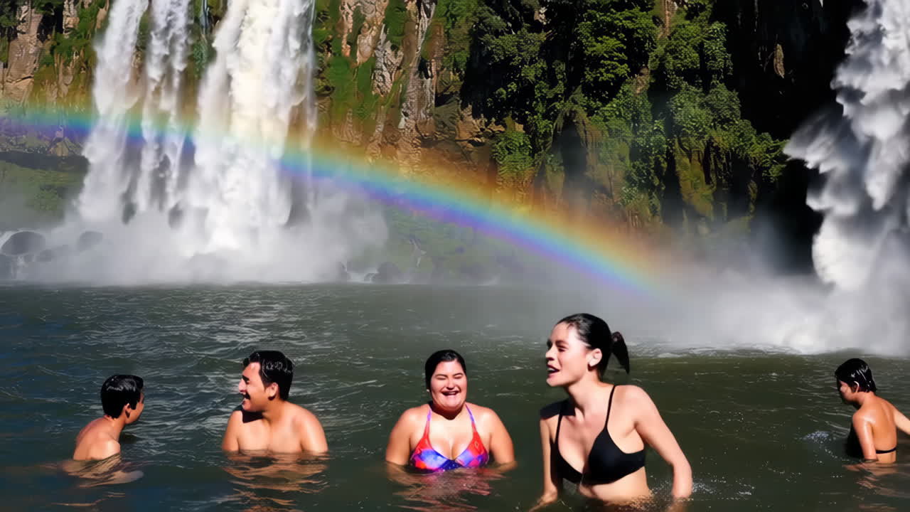 People Swimming Under a Rainbow Waterfall