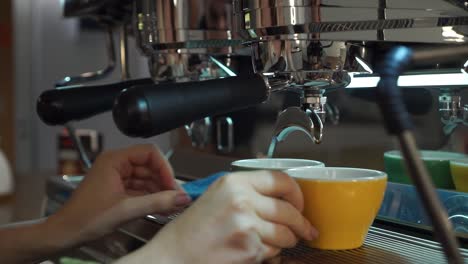 slowmo - barista profesional femenina poniendo tazas de porcelana de capuchino debajo del portafiltro de la máquina de café