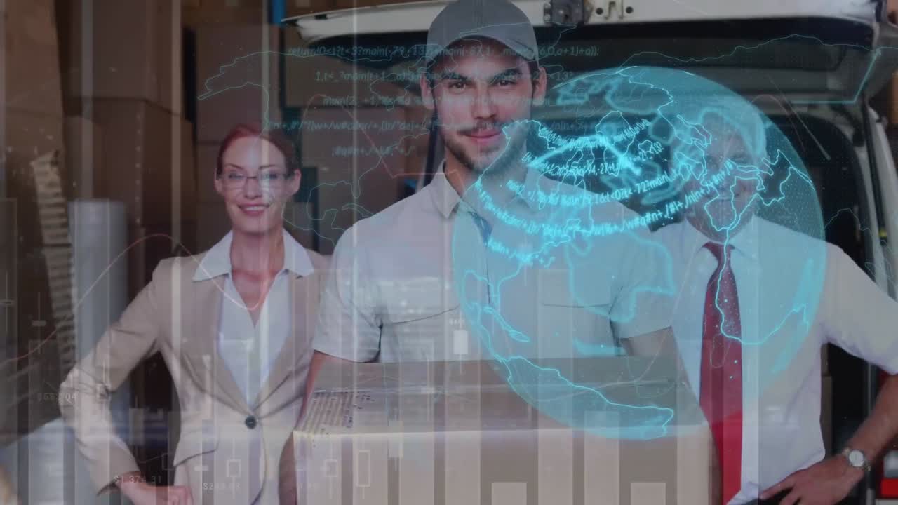 animación del globo y procesamiento de datos sobre la sonrisa de los empresarios caucásicos