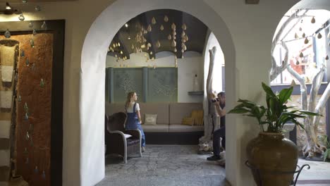 couple posing in a beautiful interior courtyard