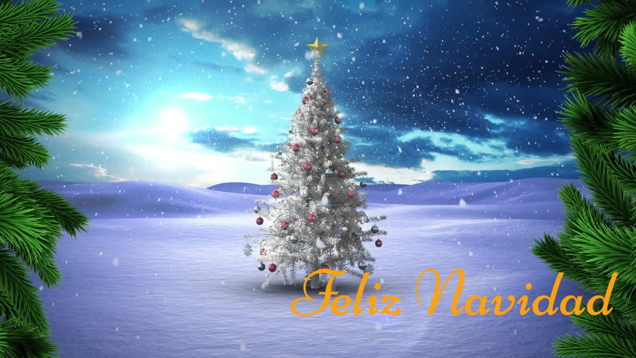 animación de la nieve cayendo sobre el banner de texto de feliz navidad y el árbol de navidad en el paisaje de invierno