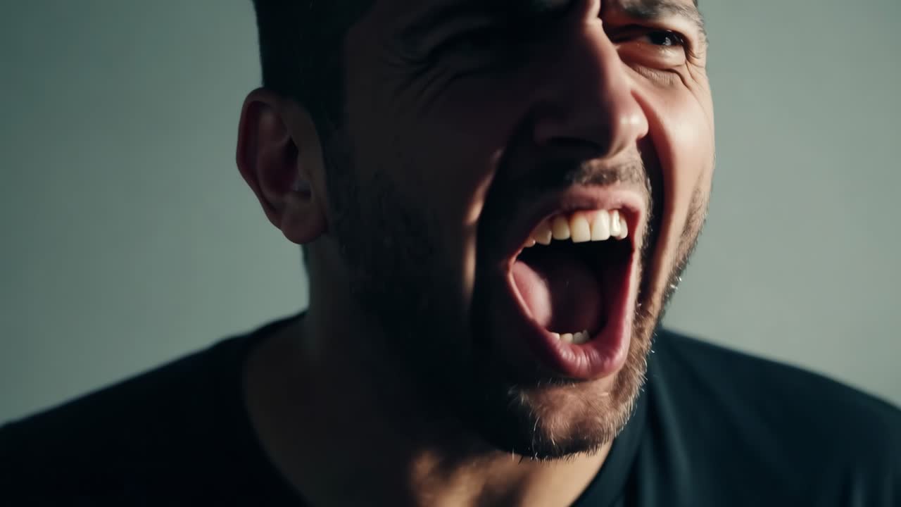 Close-up of a man screaming with intense emotion