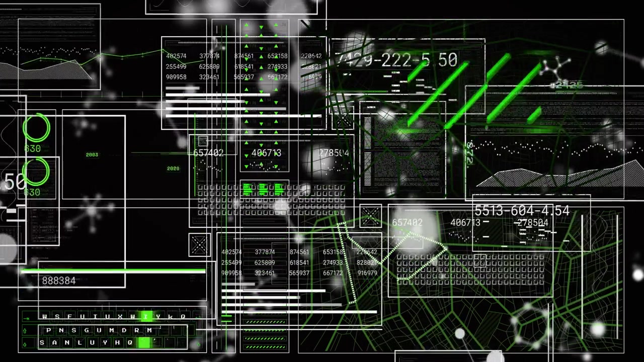 Animated data interface displaying scrolling charts numeric tables network map code snippets gauges