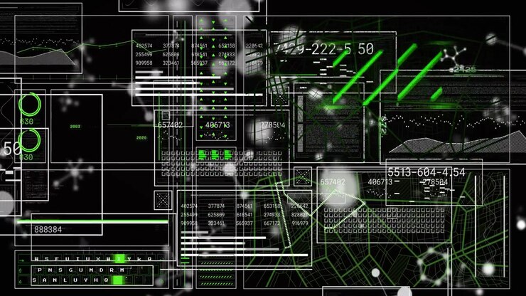 Animated data interface displaying scrolling charts numeric tables network map code snippets gauges