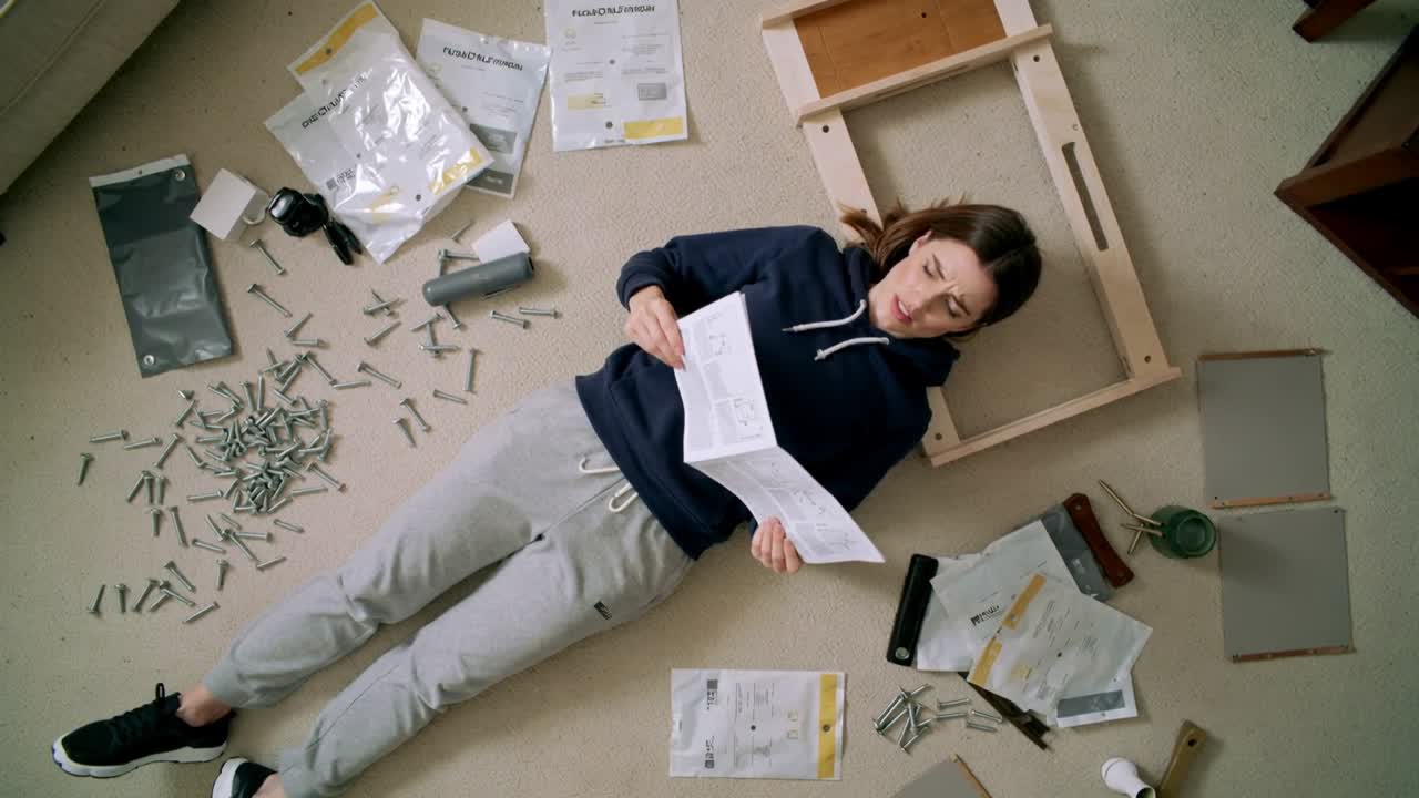 Holding instructions, woman in navy hoodie checking assembly steps on carpet with wooden frame