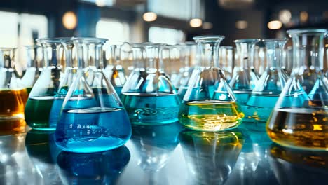 colorful flasks with liquids displayed on a laboratory countertop