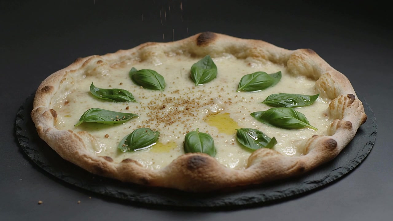 Spolverata di pepe macinato su una pizza napoletana intera su un tagliere di ardesia pronta per essere servita, basilico brillante