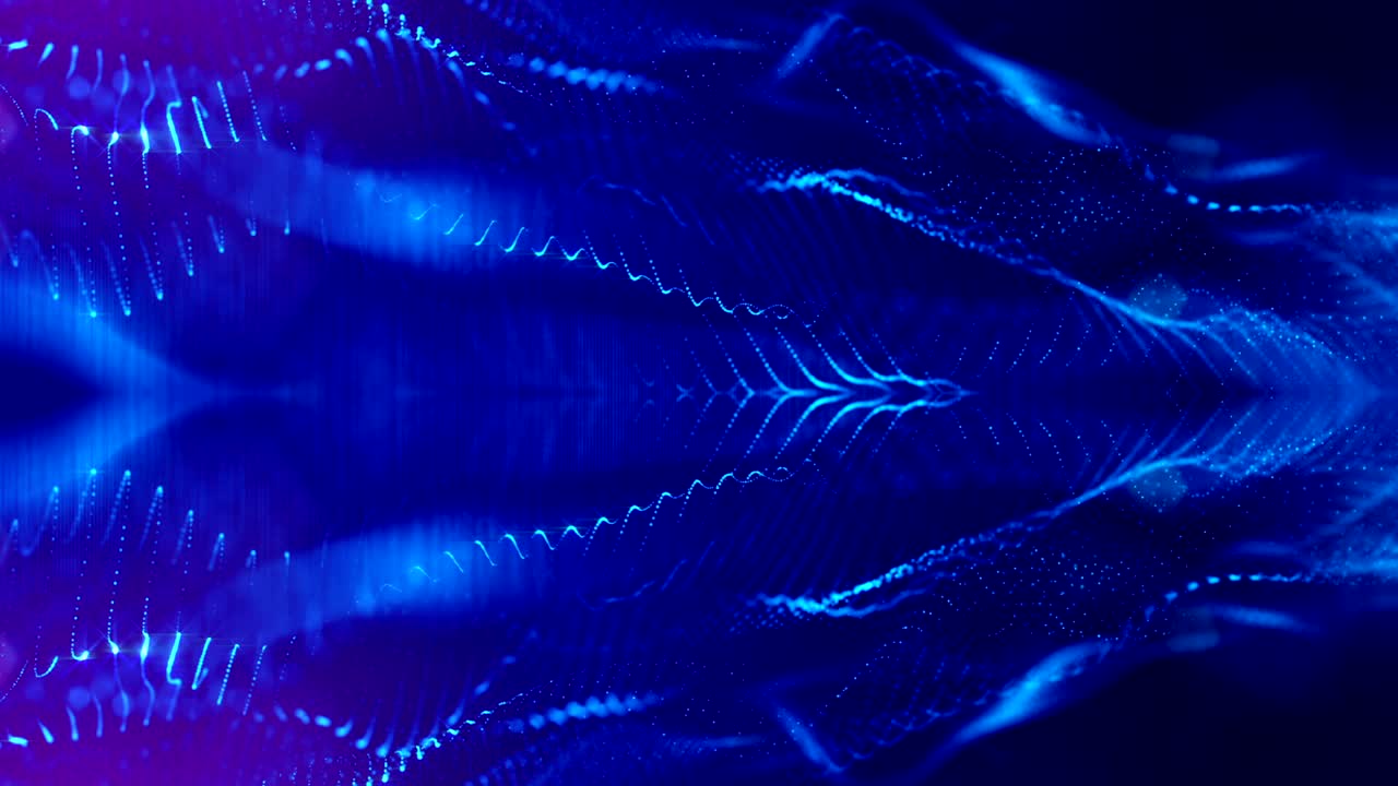 animación de bucle 3d como fondo de ciencia ficción de partículas brillantes con profundidad de campo y bokeh para bucle vj. las partículas forman línea y cuadrícula de superficie. v17 azul