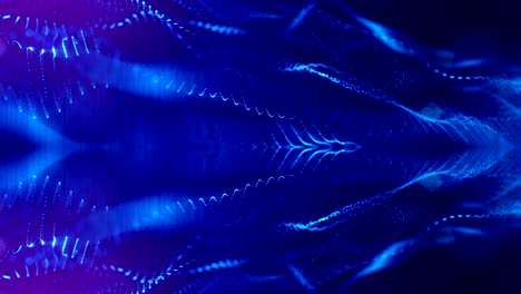 animación de bucle 3d como fondo de ciencia ficción de partículas brillantes con profundidad de campo y bokeh para bucle vj. las partículas forman línea y cuadrícula de superficie. v17 azul