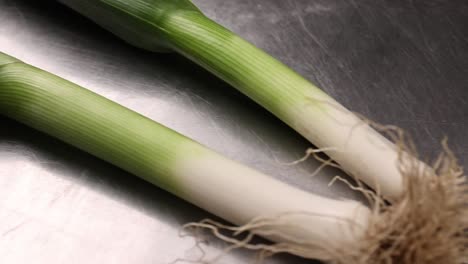 fresh leeks on metal surface