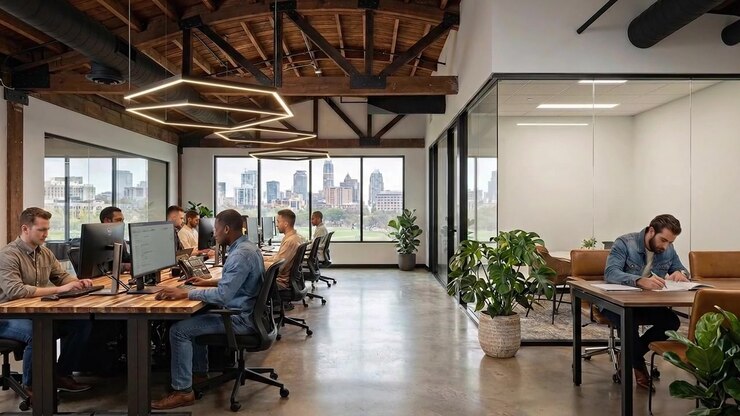 Corporate Team Collaborating around Wooden Meeting Table