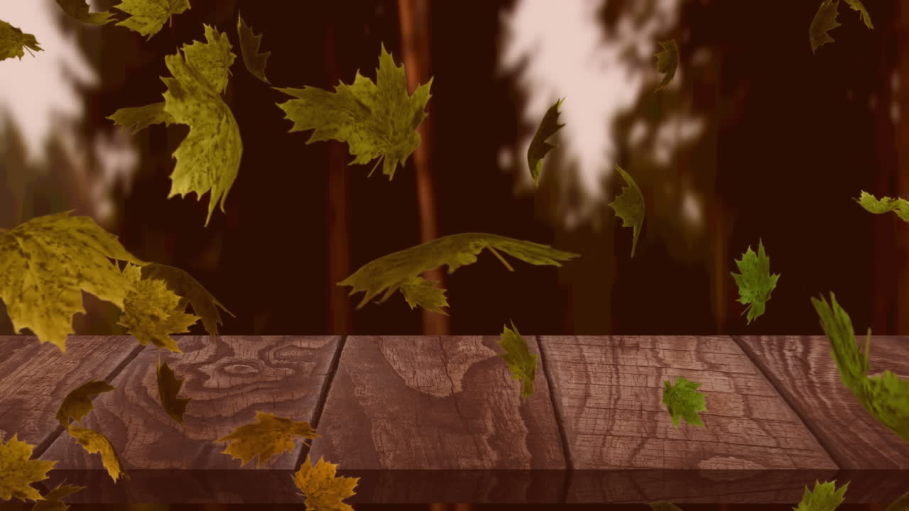 Digital animation of multiple autumn leaves floating over wooden surface against forest