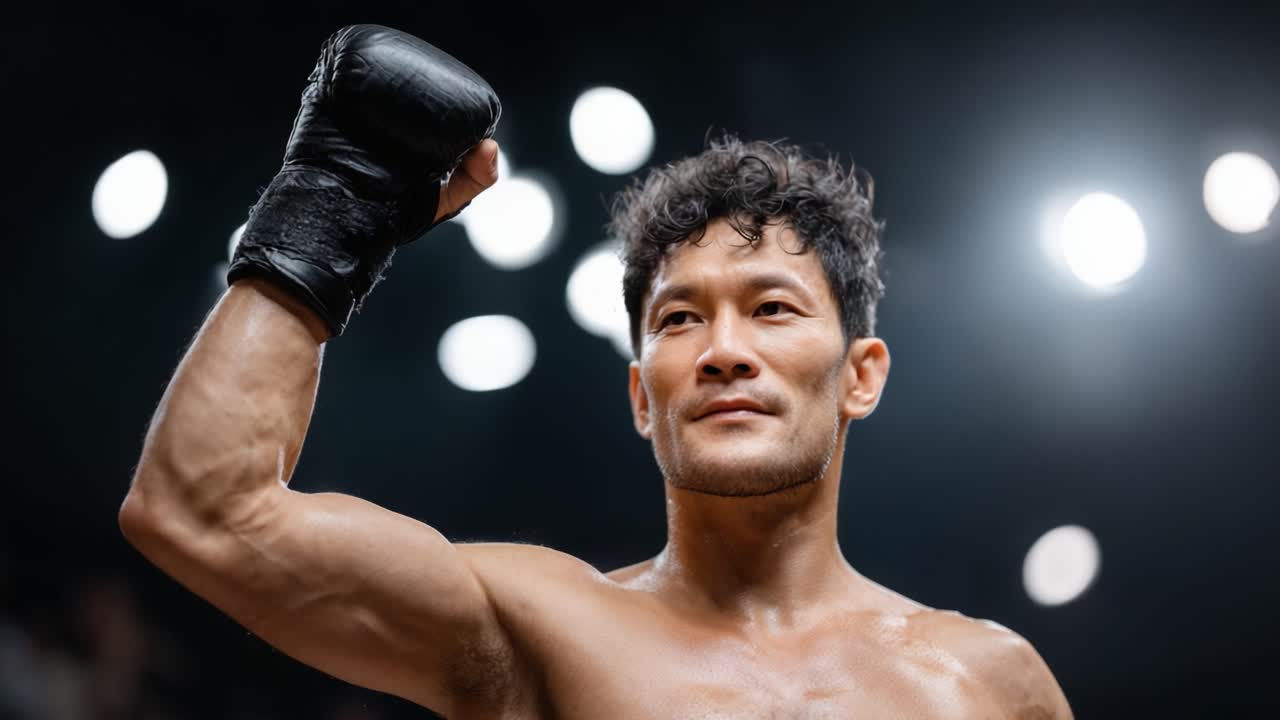 A victorious athlete proudly celebrating a hard-fought victory, showcasing sheer determination and strength in an electrifying sports environment illuminated by bright lights