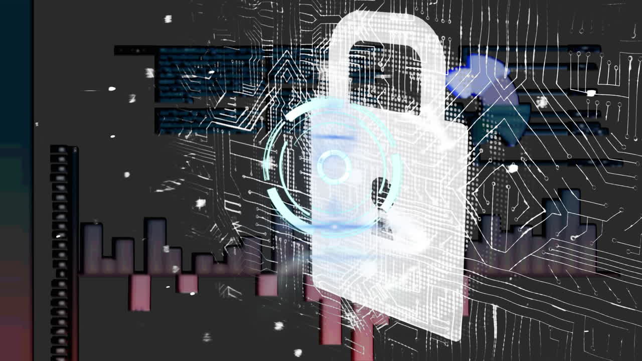 animación del candado de seguridad en línea con placa de circuito