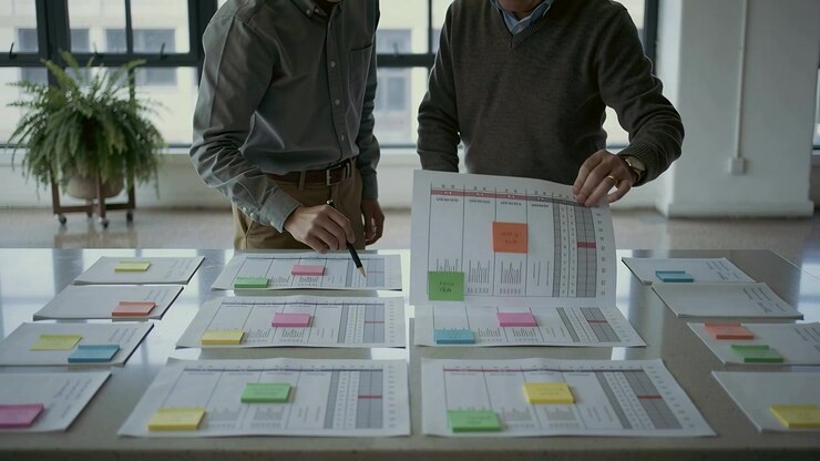 Pointing staff pair in shirt,sweater reviewing for organizing sticky-noted sheets at loft table