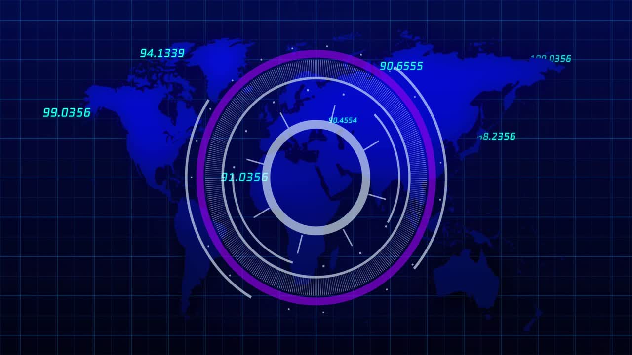 escáner redondo y múltiples números flotando sobre el mapa del mundo contra fondo azul