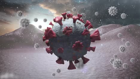 animación de células de covid 19 que se mueven sobre un paisaje invernal con un paisaje cubierto de nieve y nieve cayendo