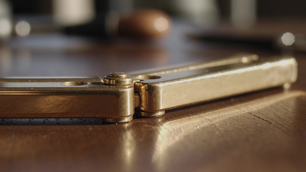 Pulling focus camera revealing folded gold hinge on wood table, showing pivot screw and reflections