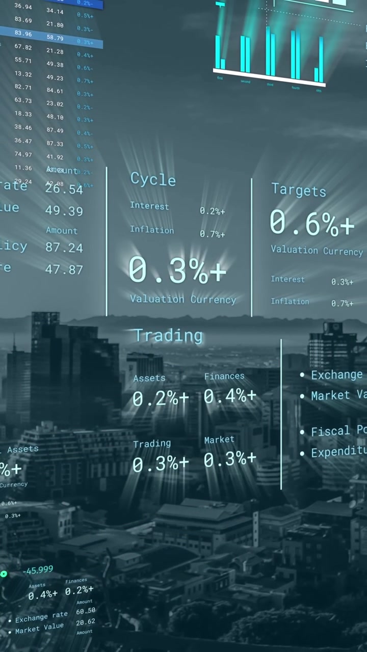 Animation of financial data processing over cityscape