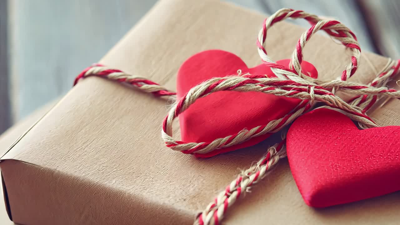 Rustic wooden table displaying elegantly wrapped gift box in brown paper, adorned with two vibrant red hearts, delicately tied using natural twine, symbolizing heartfelt love and affection