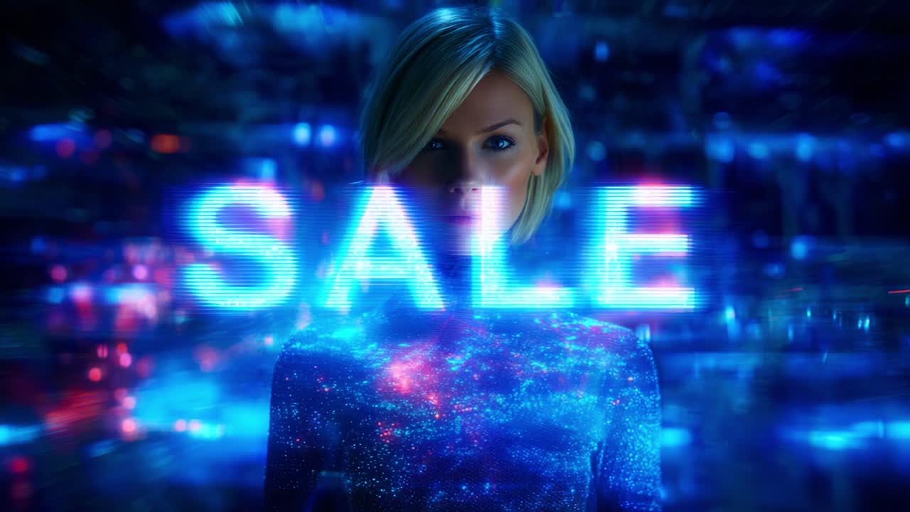 A futuristic digital advertisement featuring a confident female figure with glowing blue digital effects, prominently displaying the word 'SALE' amid an immersive neon environment