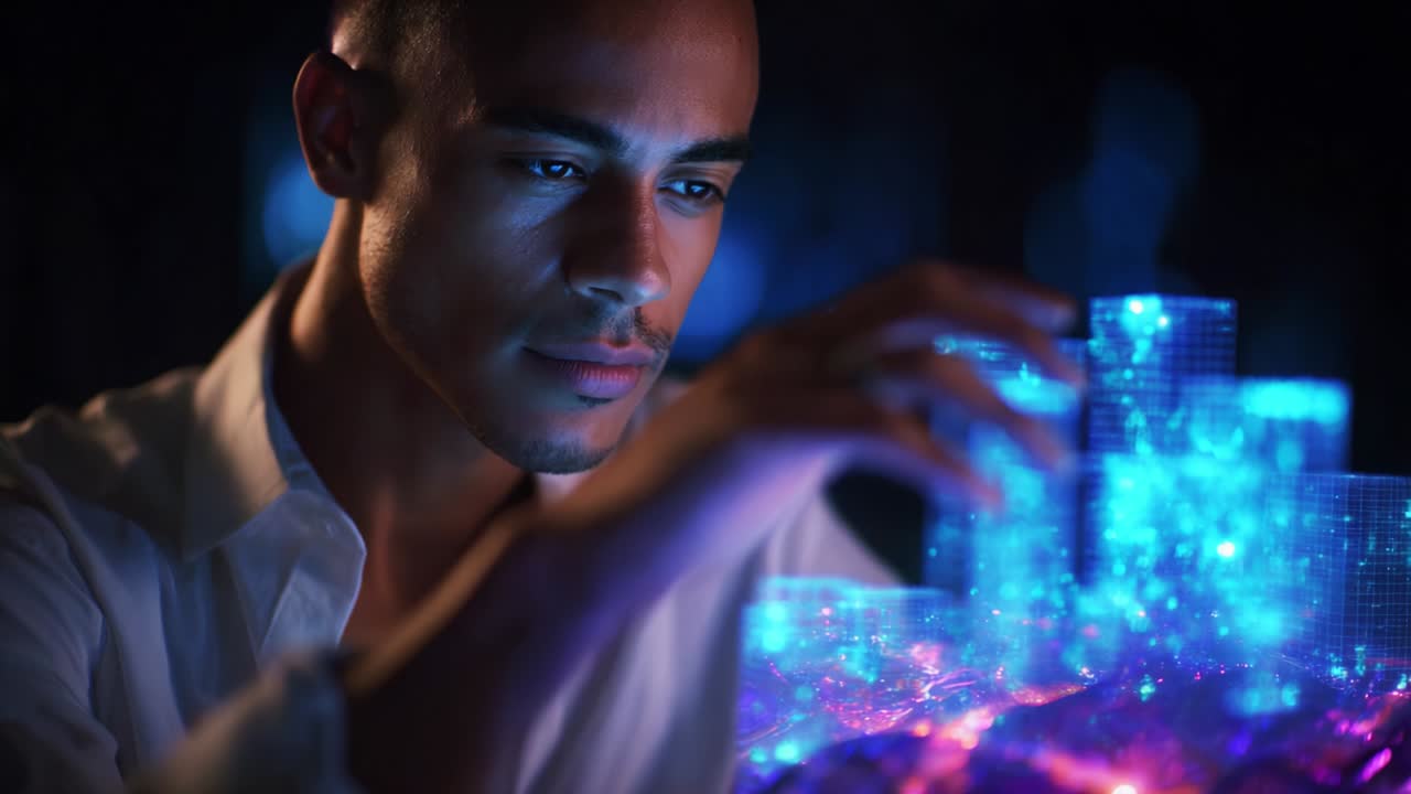 Una persona riflessiva esamina una rappresentazione olografica di un paesaggio urbano futuristico, caratterizzato da luci blu e viola intense e intricati motivi geometrici, a simboleggiare l'innovazione e la tecnologia.