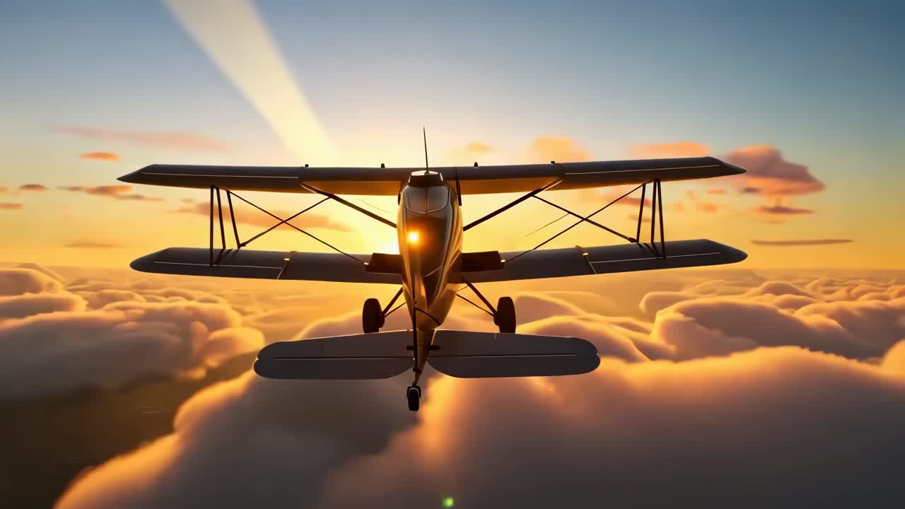 Un biplano d'epoca vola sopra le nuvole al tramonto, ripreso da un'angolazione frontale.