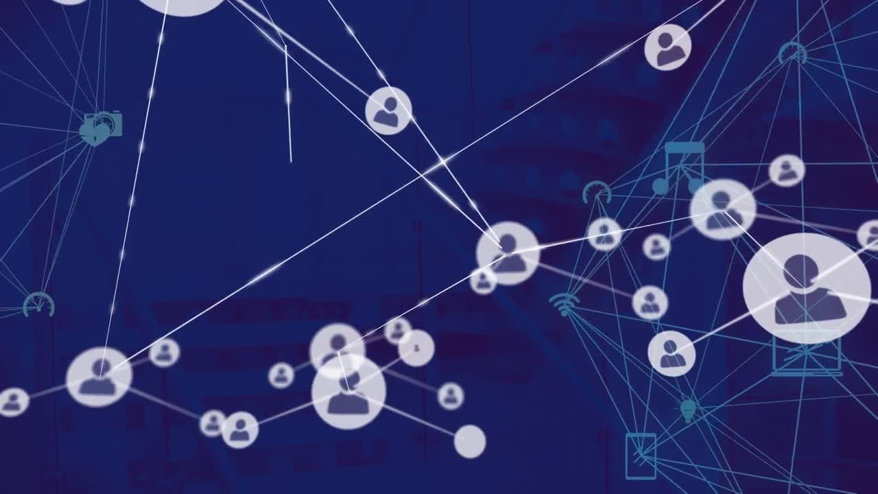 도시 풍경 위의 아이콘으로 연결된 네트워크의 애니메이션