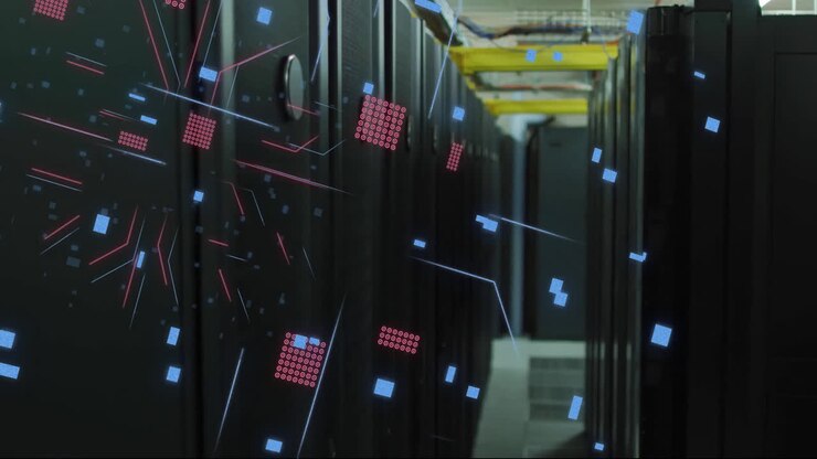 Animation of digital data processing and circuit board over computer servers