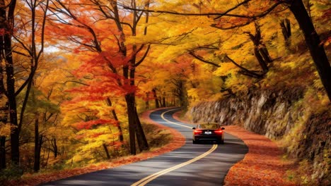 Dynamic video scene of a winding road through vibrant autumn foliage, captured from a low angle