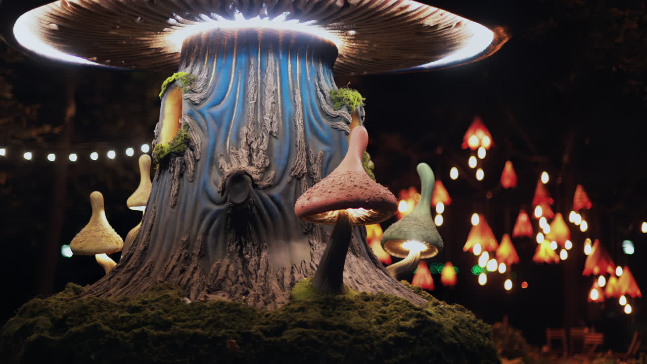 Sculture stravaganti di funghi luminosi illuminano un giardino magico con luci calde e sognanti