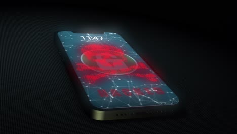high quality animated 3d cgi render with tilting orbiting camera move - close up of mobile phone being unlocked and hacked, with skull and crossbones motif and spreading deadly virus