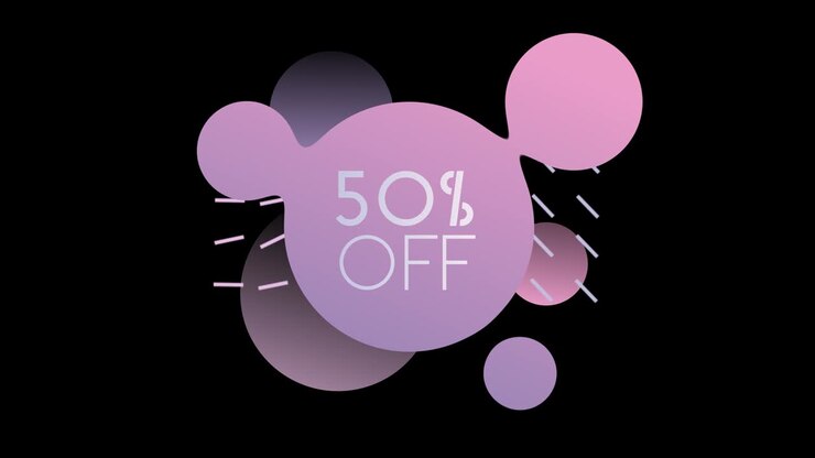 Sconto del 50%. Uno sconto del cinquanta percento sulla vendita di uno sfondo astratto con cerchi che si trasformano. Super promozione. Black Friday. 4K