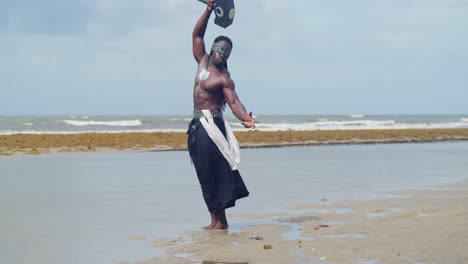 at a tropical beach, a muscular, dark-skinned man is a captivating nekharis in cosplay