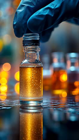 hand holding a glass vial filled with liquid in a laboratory setting