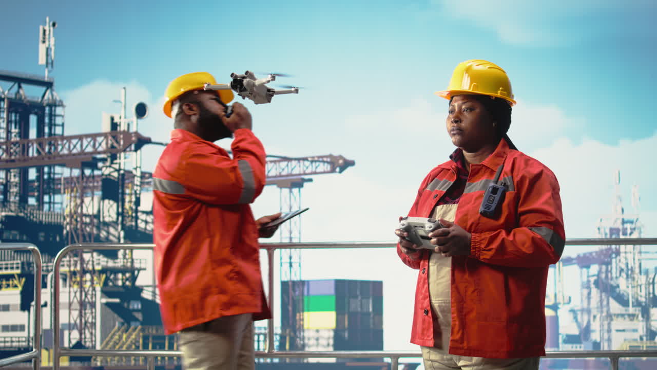 Vertical video Woman on offshore platform deck doing site inspections using drone
