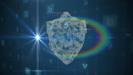 animatie van cyberbeveiligingsgegevensverwerking en pictogrammen tegen regenbooglensflare op blauwe achtergrond