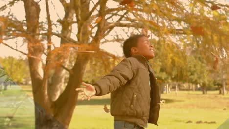 Animation-of-african-american-boy-playing-in-park-over-leaves
