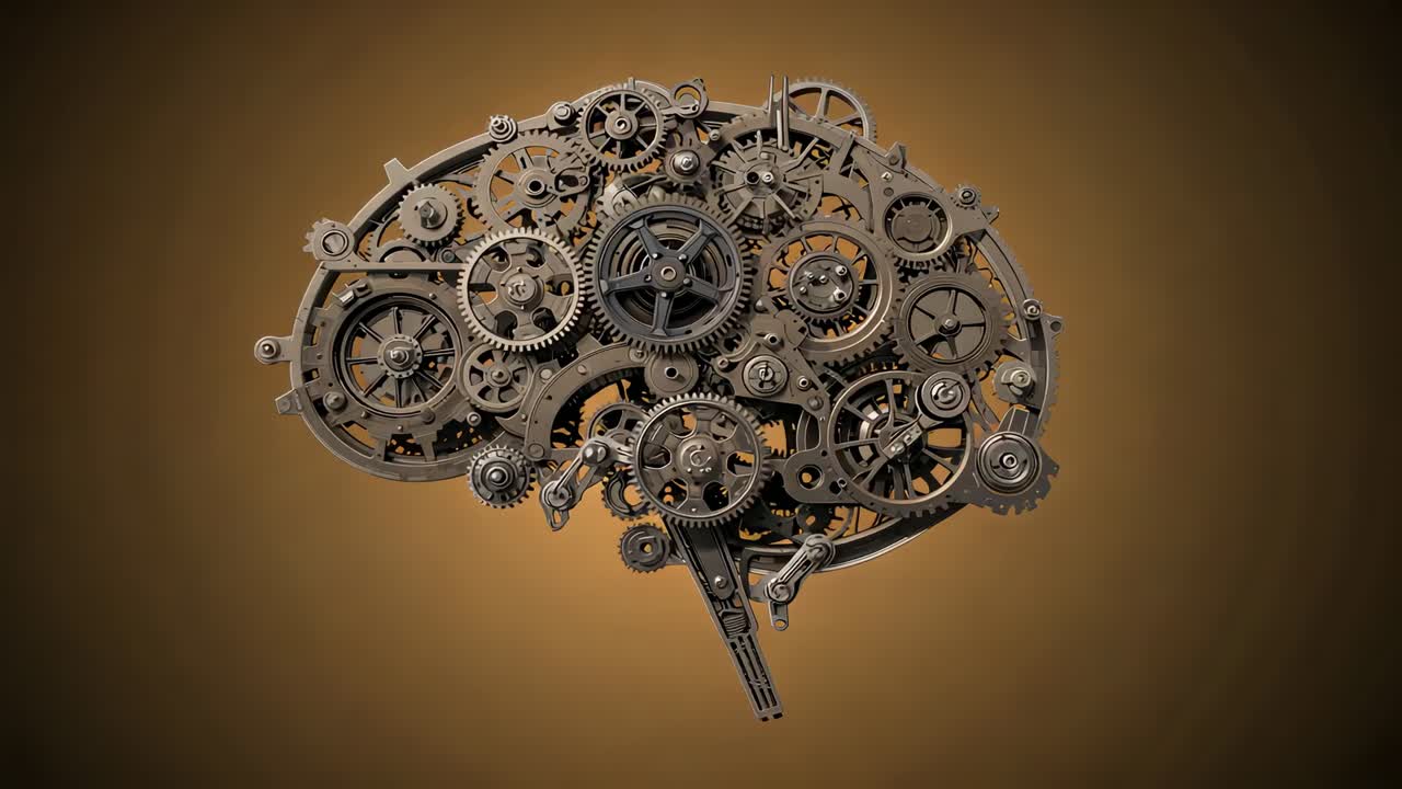 Frame shift causing gear brain waking gears turning camera zooming revealing gears on warm backdrop