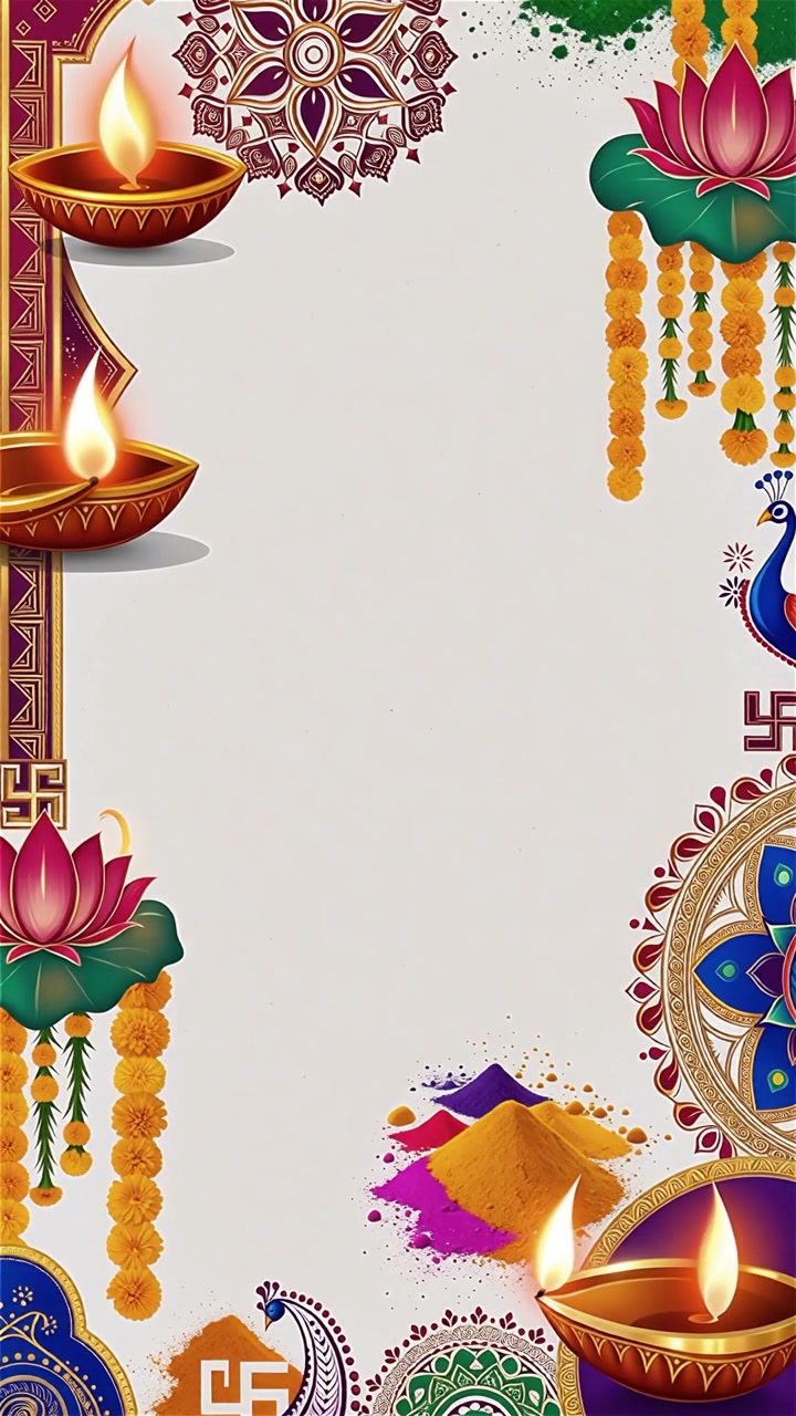 Sfondo Diwali con Diyas luminosi, Rangoli e fiori di loto