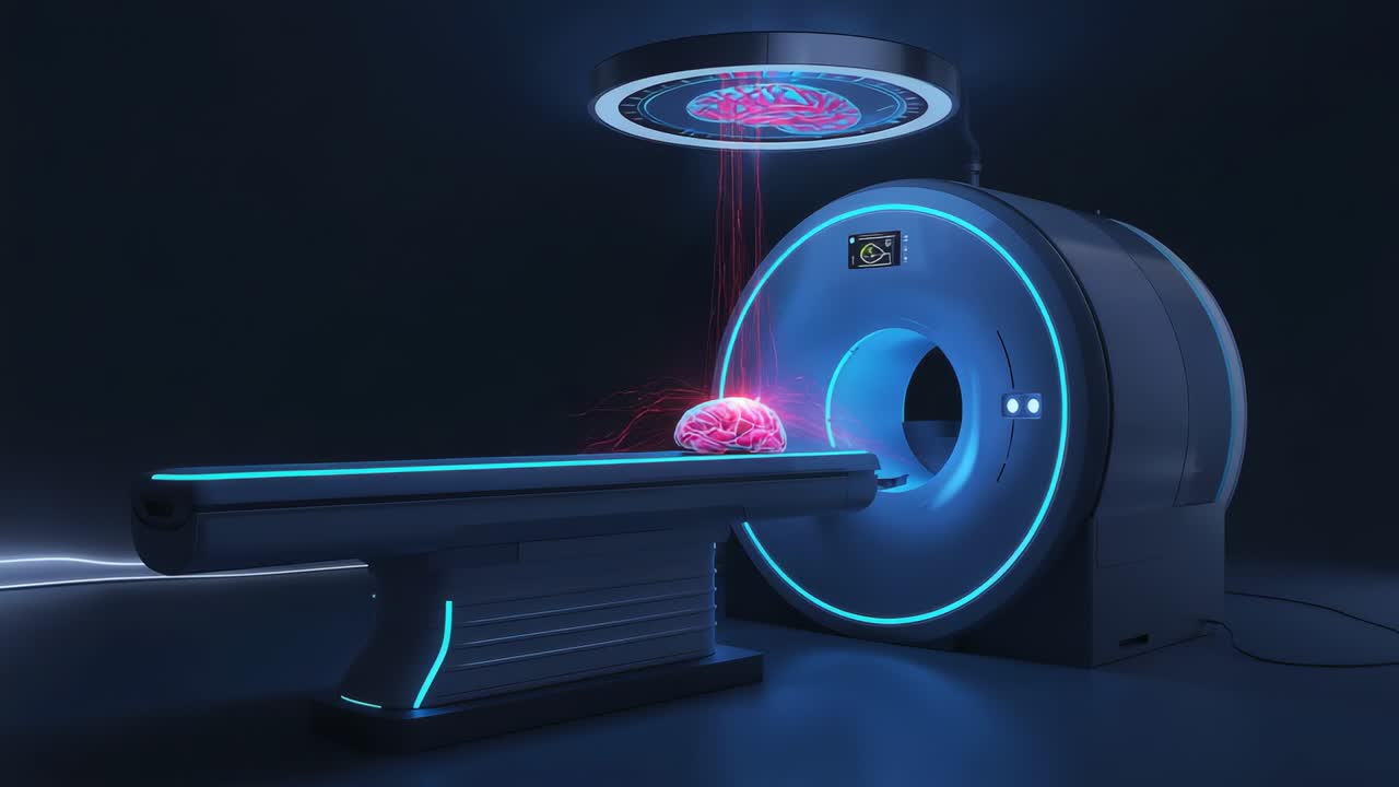 Disco fluttuante che abbassa un raggio rosso, scanner in stile risonanza magnetica che scansiona un cervello staccato su un tavolo per la diagnosi