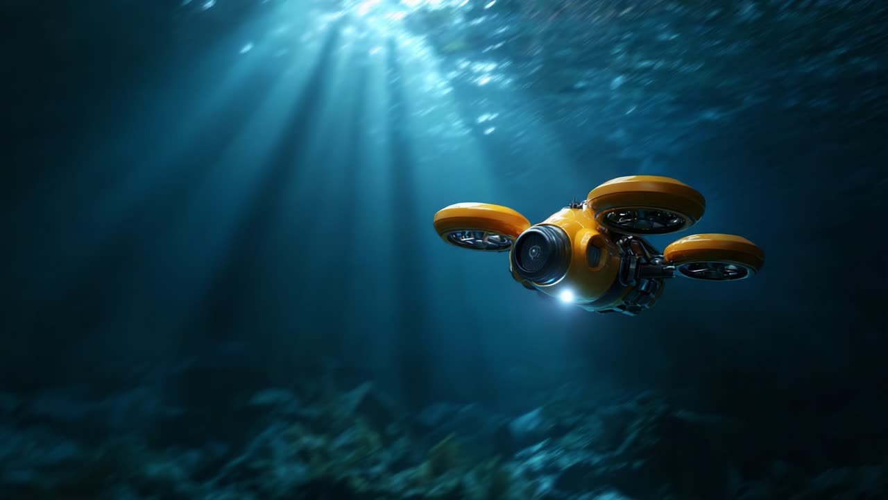 Esplorando le profondità oceaniche con un drone subacqueo, catturato in incredibili raggi di luce attraverso l'acqua, che mostra la tecnologia marina in azione