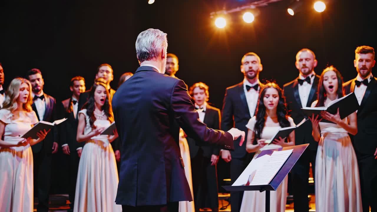A conductor leads a choir in a formal concert setting. The low-angle shot captures the ensemble's