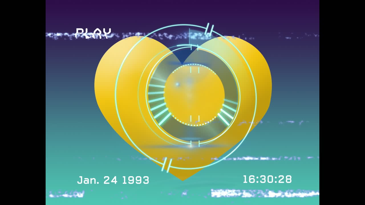 플레이 디지털 인터페이스와 심장 아이콘의 애니메이션, 스과 함께 화면에 글리치