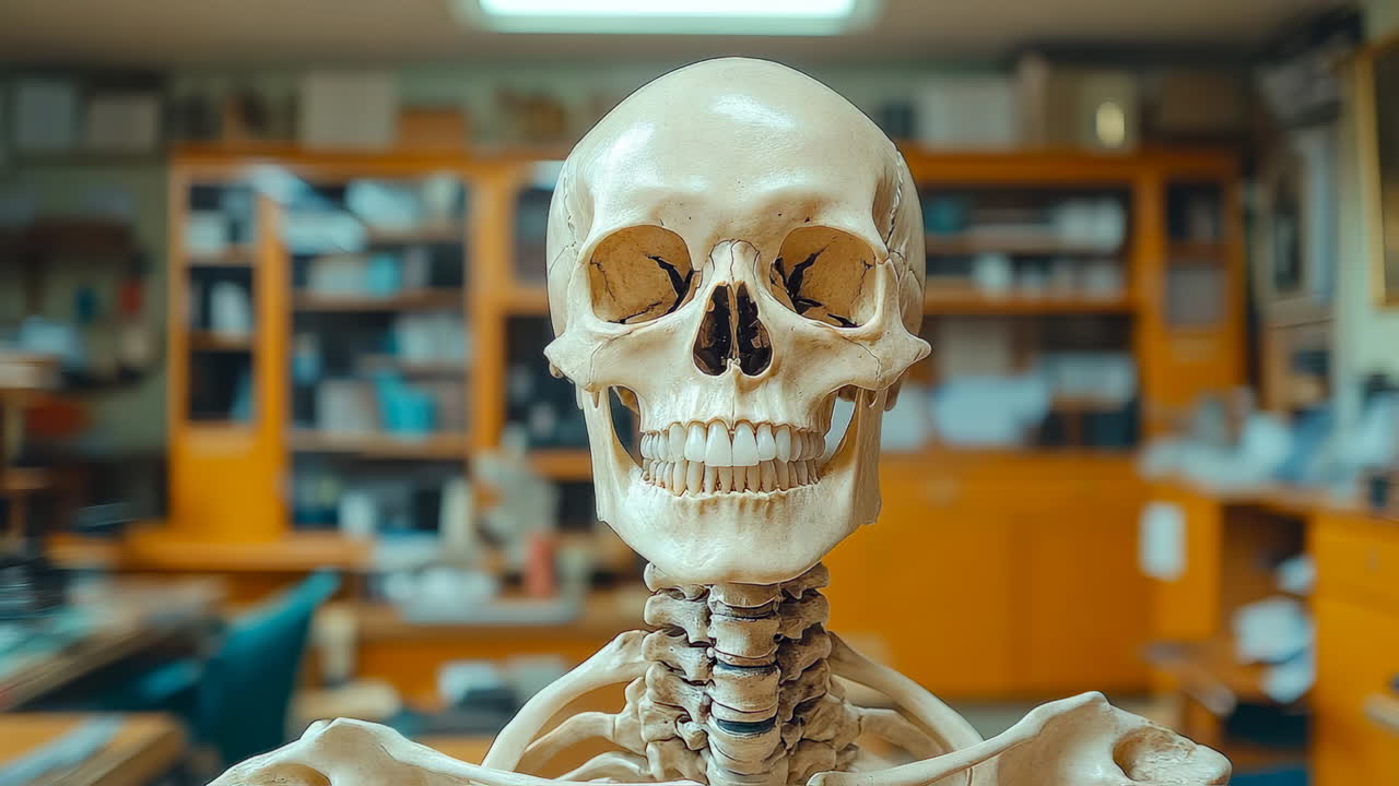 Human skull and spine model in science laboratory. Front view of anatomical human skull model on a desk in a classroom or medical lab