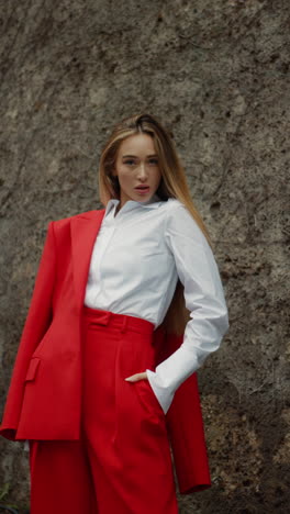 woman in red business suit