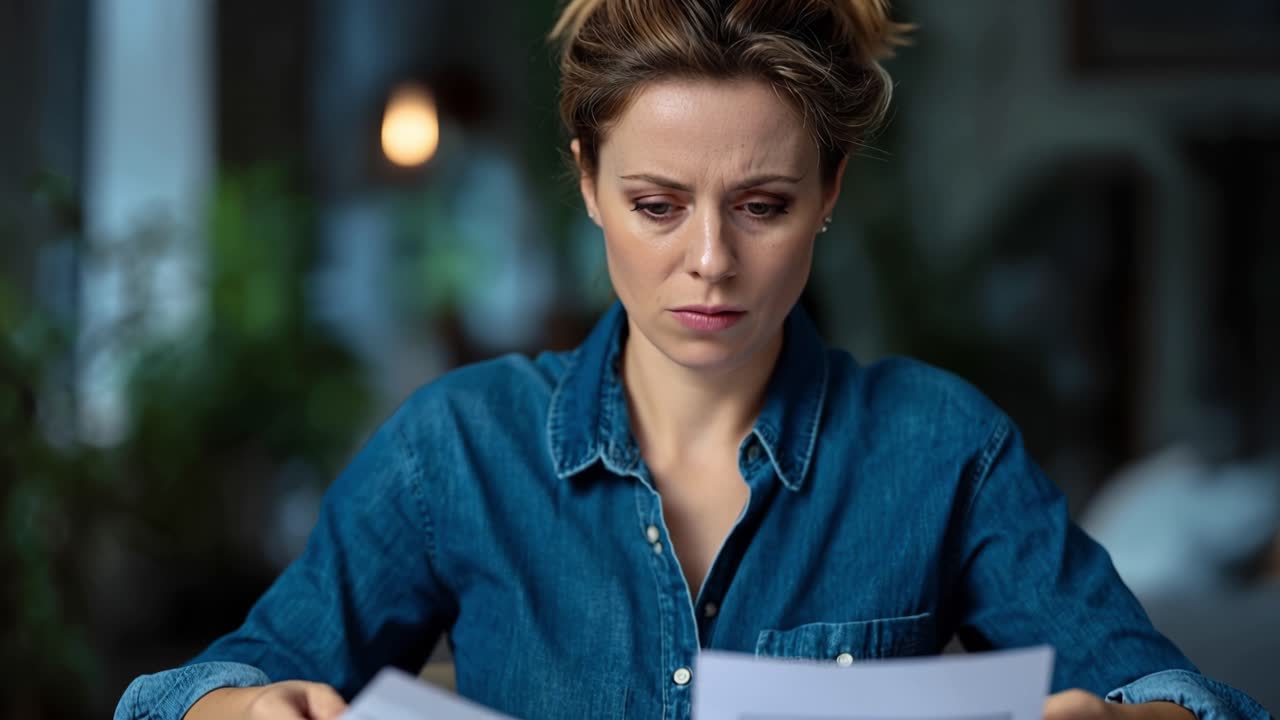 A Woman Overwhelmed by Stress and Anxiety, Sifting Through Paperwork, Revealing the Emotional Toll of Life's Pressures and Responsibilities in Moments of Contemplation