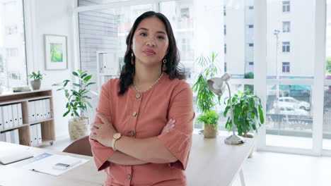 Asian-woman,-face-and-arms-crossed-in-business