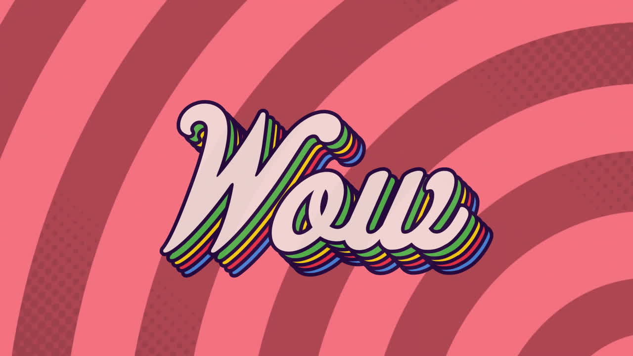 Pembe desenli arka plan üzerinde gökkuşağı renkli "wow" yazısı animasyonu.
