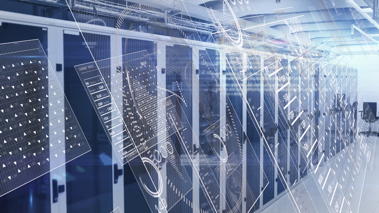 Animation of hud interface screens with currency signs and numbers over data server racks